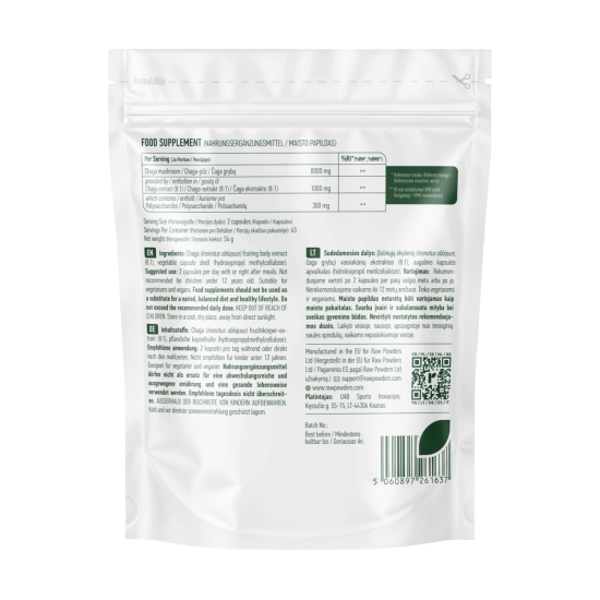 Čaga (Chaga) 8:1 ekstraktas, 500mg, 90 kapsulių