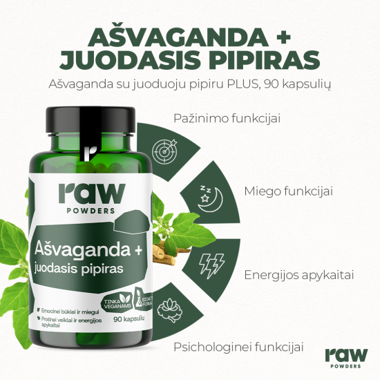 Ašvaganda su juoduoju pipiru PLUS, 90 kapsulių